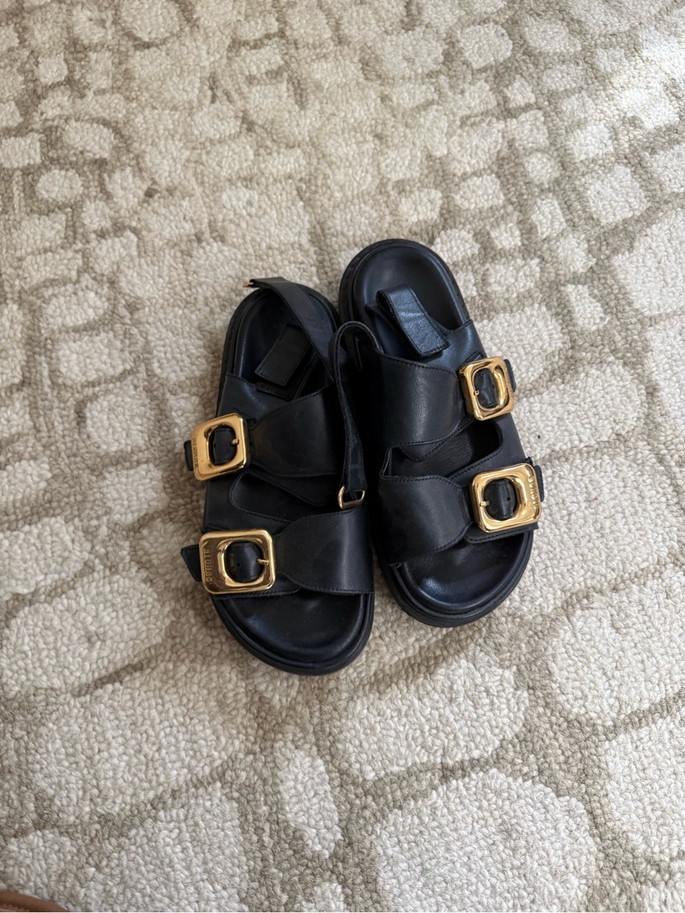 ALOHAS Black Leather Sandals with Gold Buckles